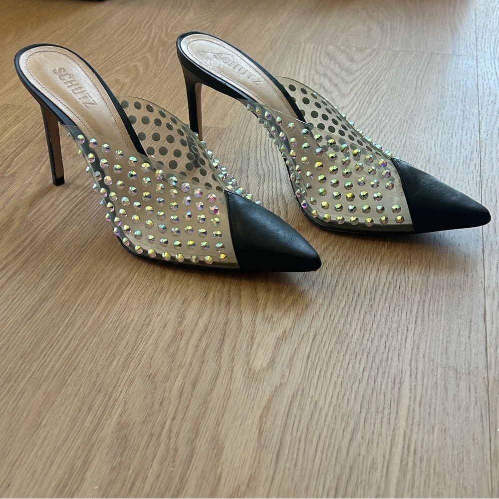 Schutz Greece Black Clear Vamp Rhinestones Stiletto Heel Mule Pumps 9.5 - Picture 7 of 12